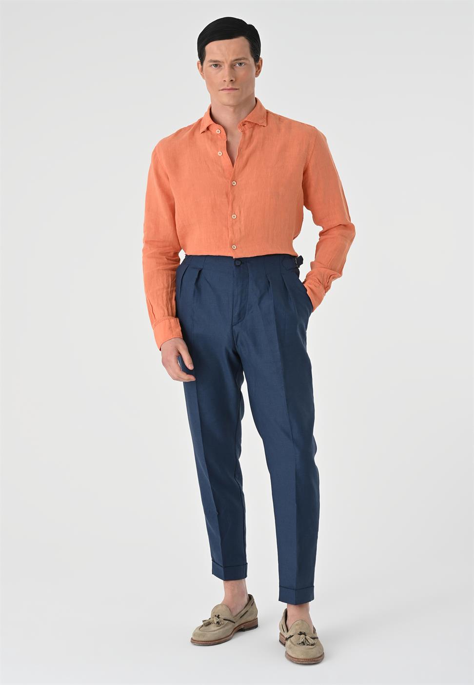 قميص رجالي من الكتان بنسبة 100% بأزرار الياقة