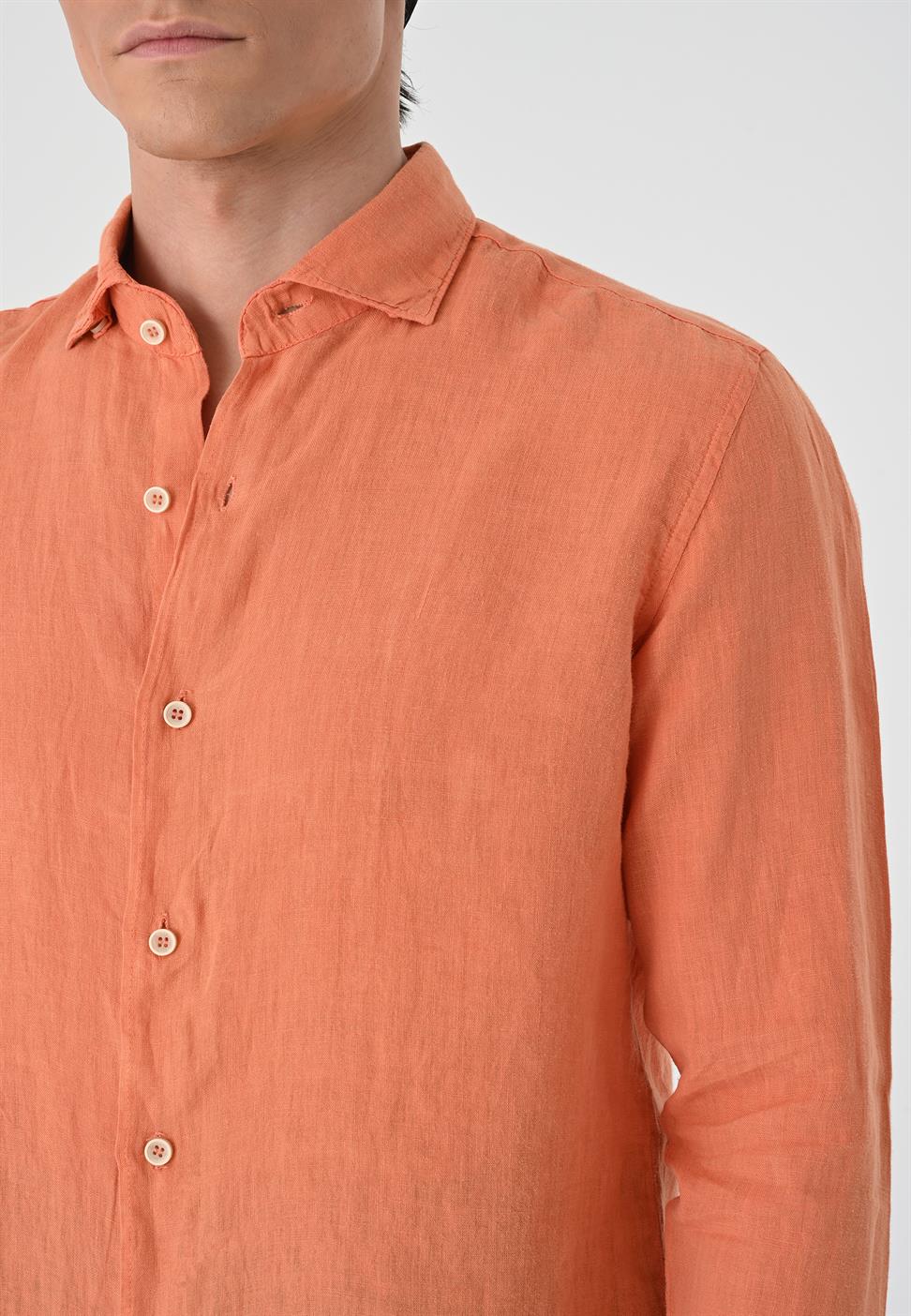 قميص رجالي من الكتان بنسبة 100% بأزرار الياقة