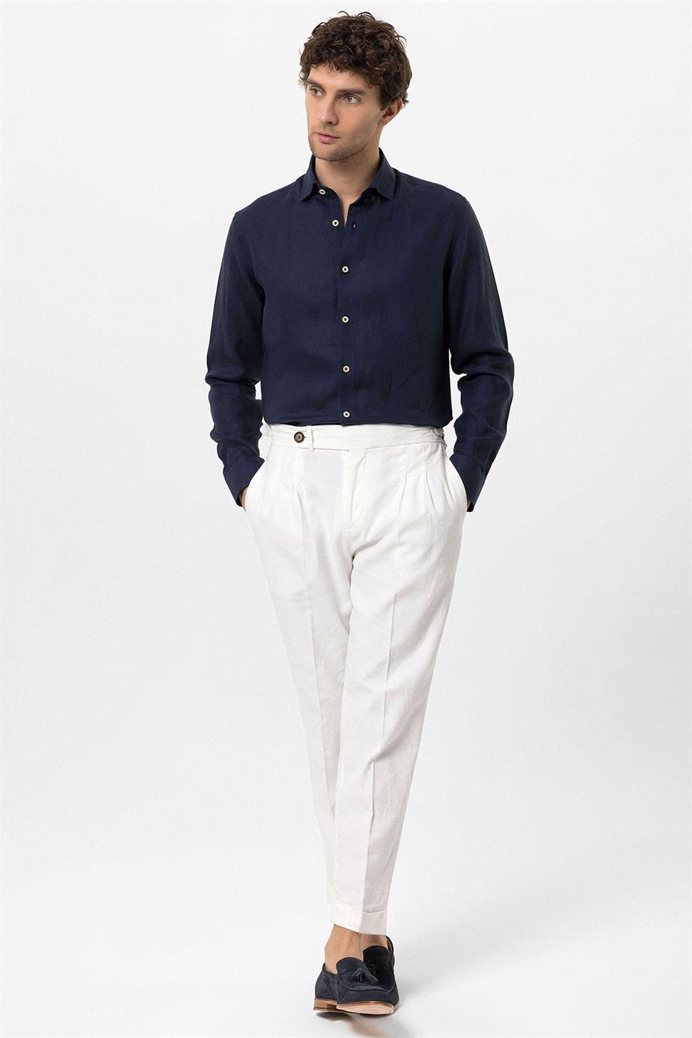 قميص رجالي من الكتان بنسبة 100% بأزرار الياقة