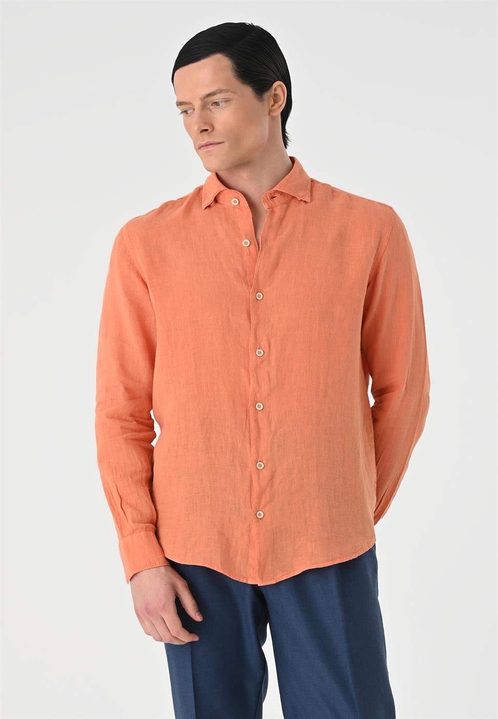 قميص رجالي من الكتان بنسبة 100% بأزرار الياقة