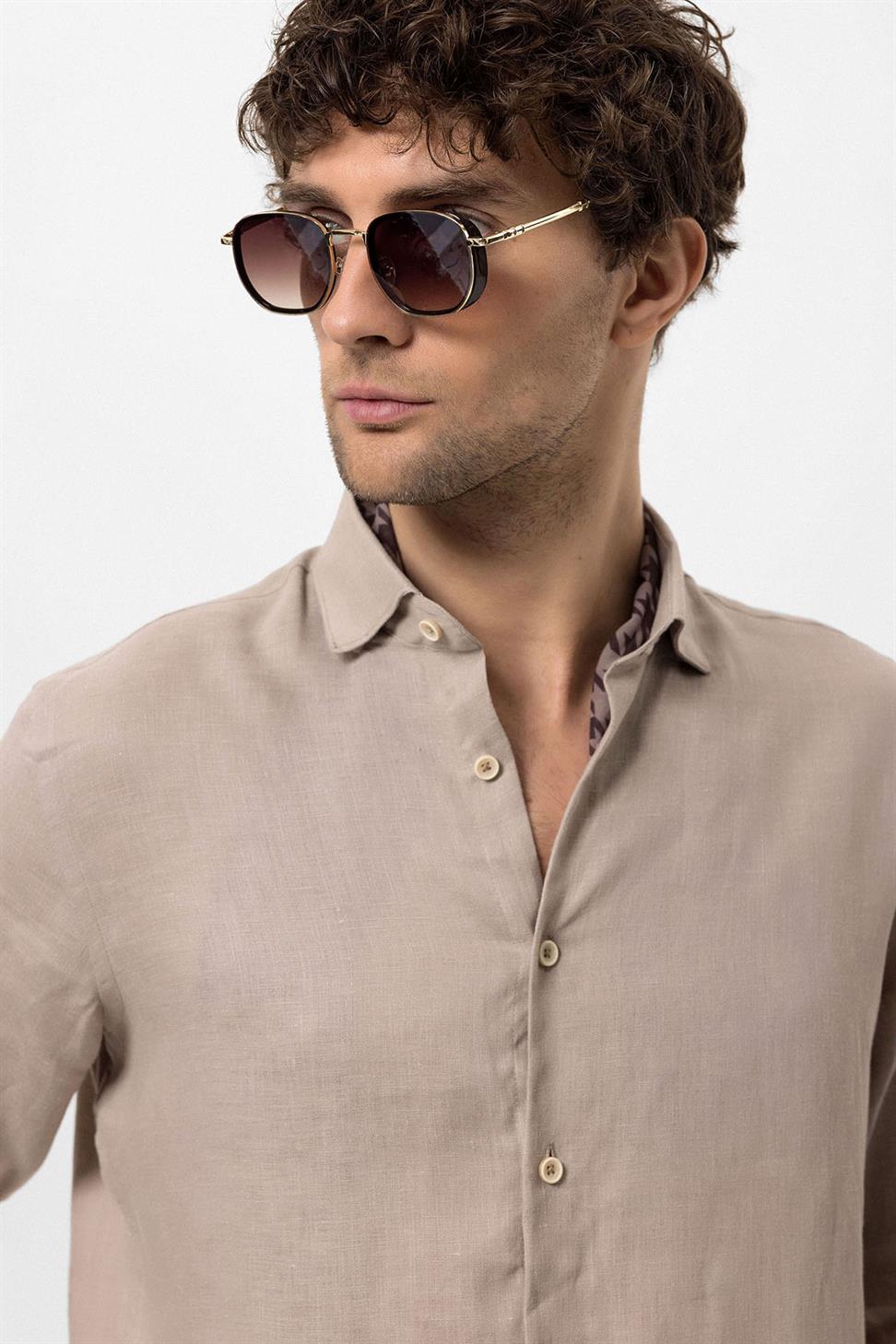 قميص رجالي من الكتان بنسبة 100% بأزرار الياقة
