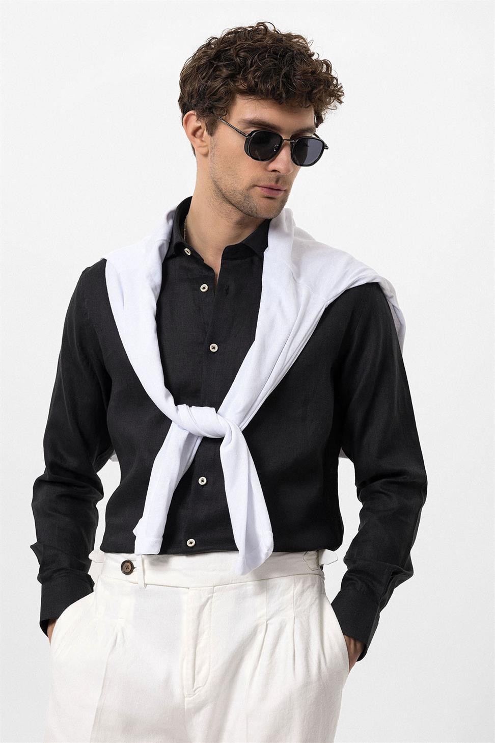 قميص رجالي من الكتان بنسبة 100% بأزرار الياقة