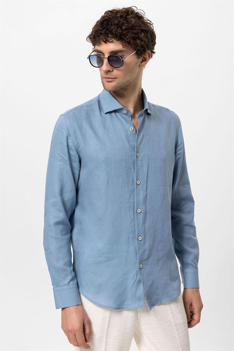 قميص رجالي من الكتان بنسبة 100% بأزرار الياقة