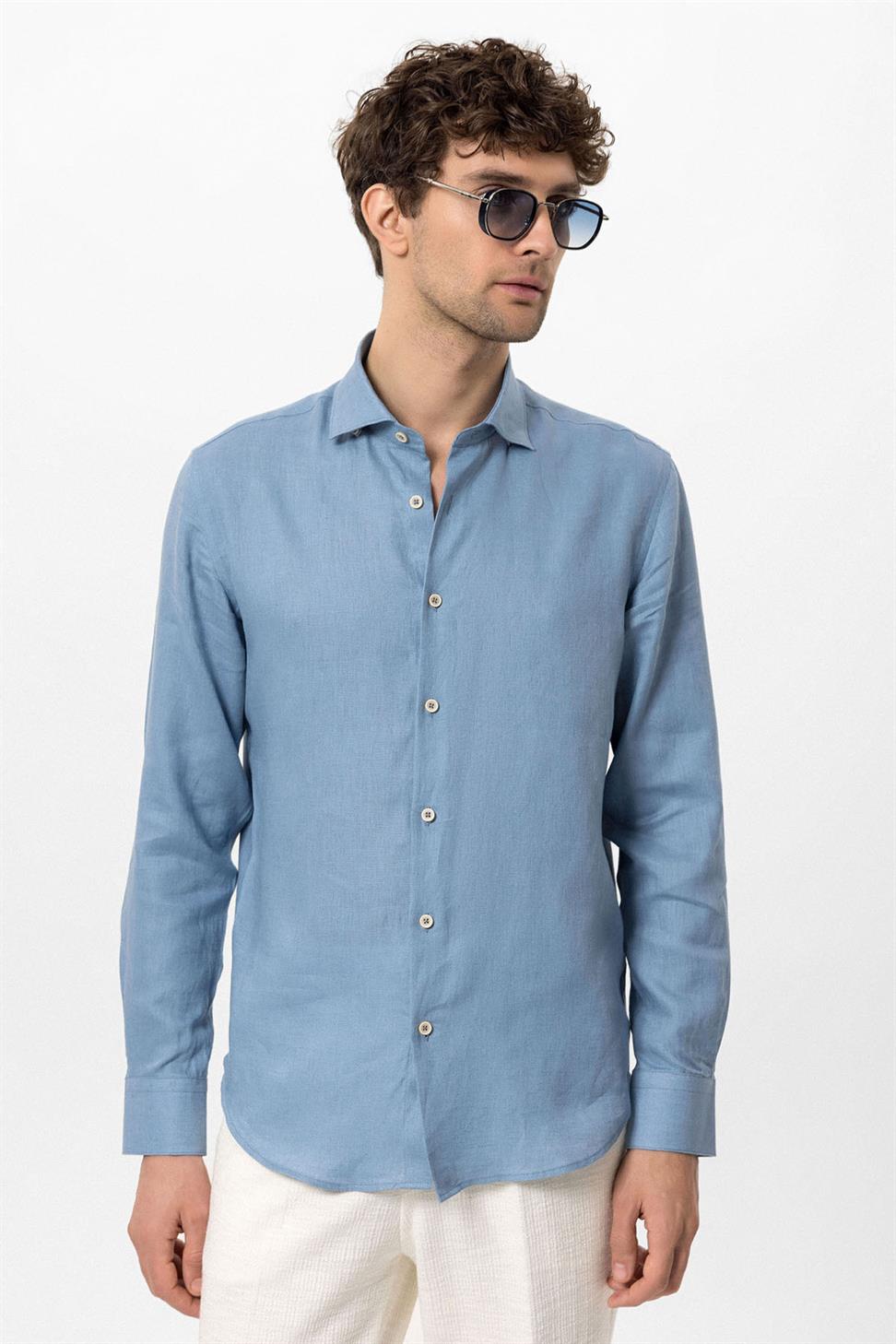 قميص رجالي من الكتان بنسبة 100% بأزرار الياقة