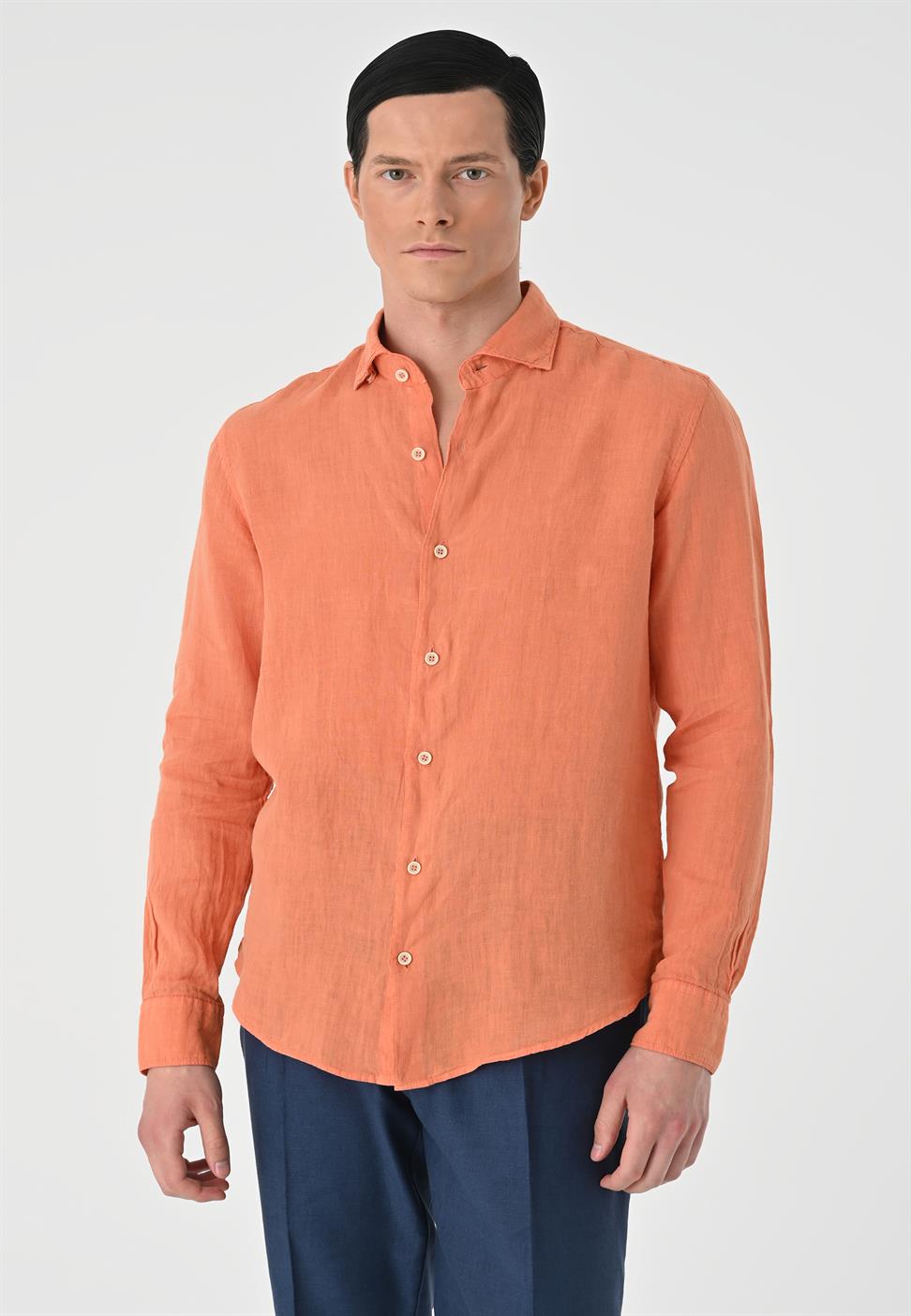 قميص رجالي من الكتان بنسبة 100% بأزرار الياقة
