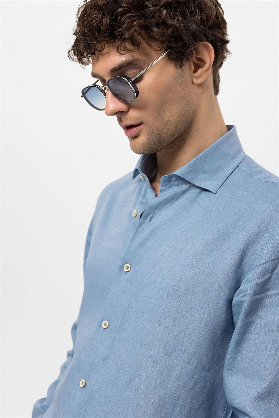 قميص رجالي من الكتان بنسبة 100% بأزرار الياقة