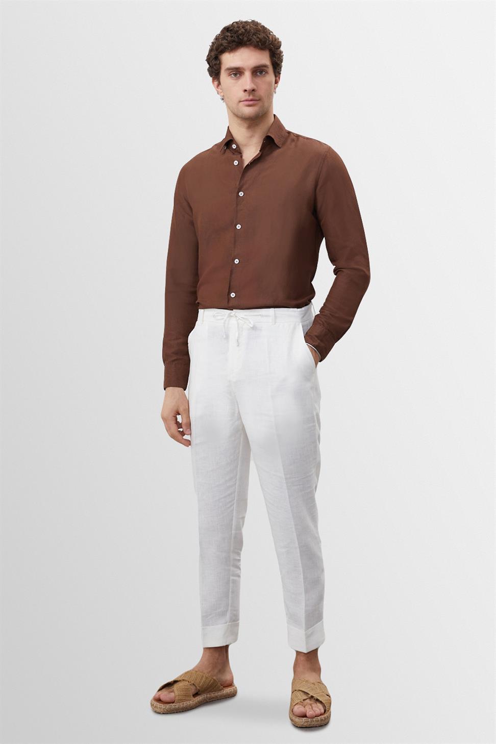 قميص رجالي من الكتان بنسبة 100% بأزرار الياقة