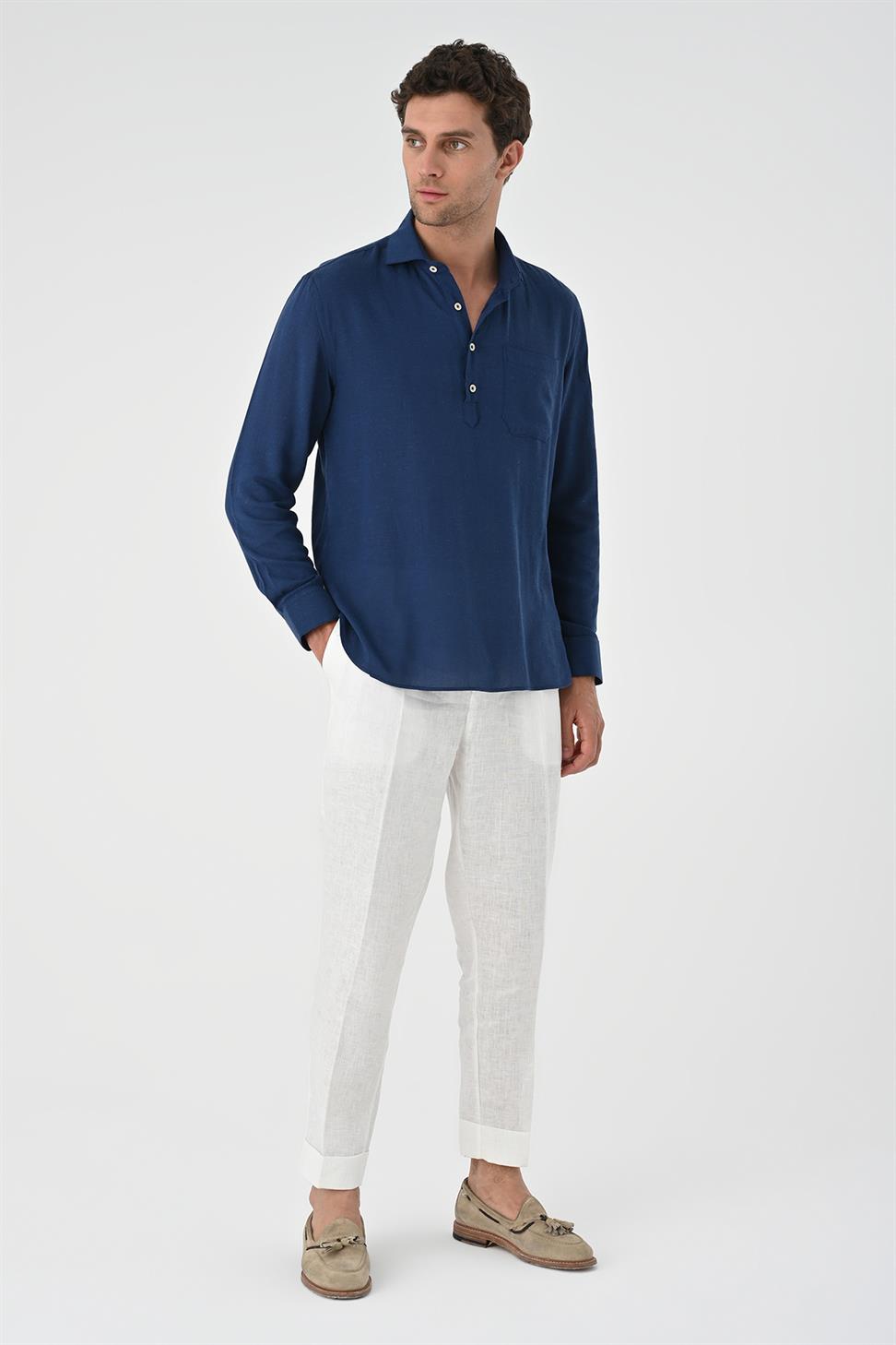 نصف بات زر إغلاق قميص طويل الأكمام للرجال