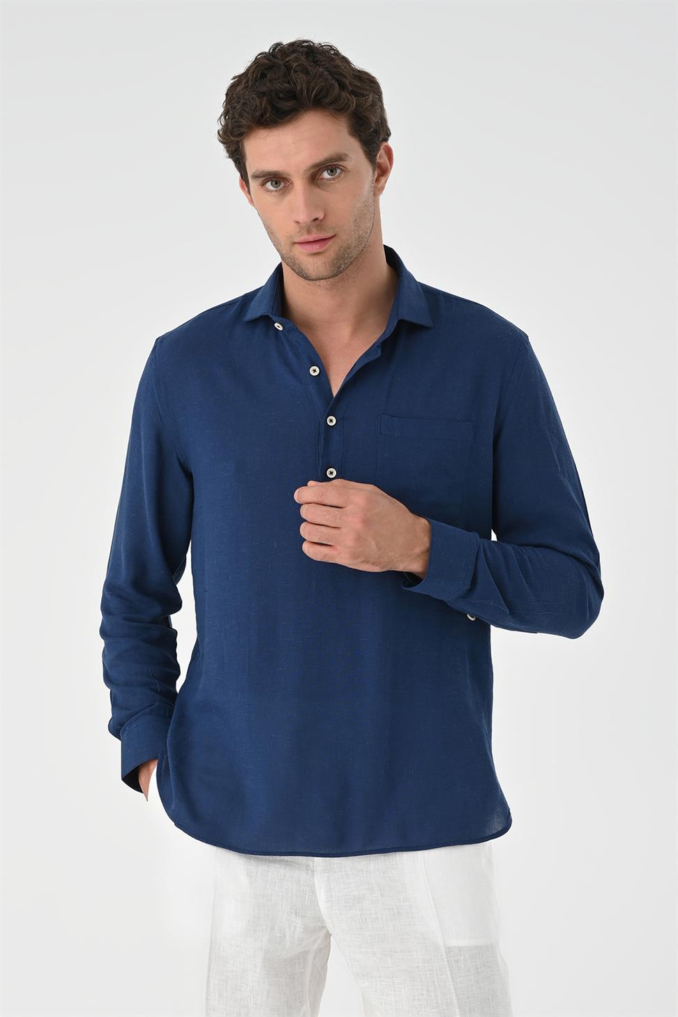 نصف بات زر إغلاق قميص طويل الأكمام للرجال