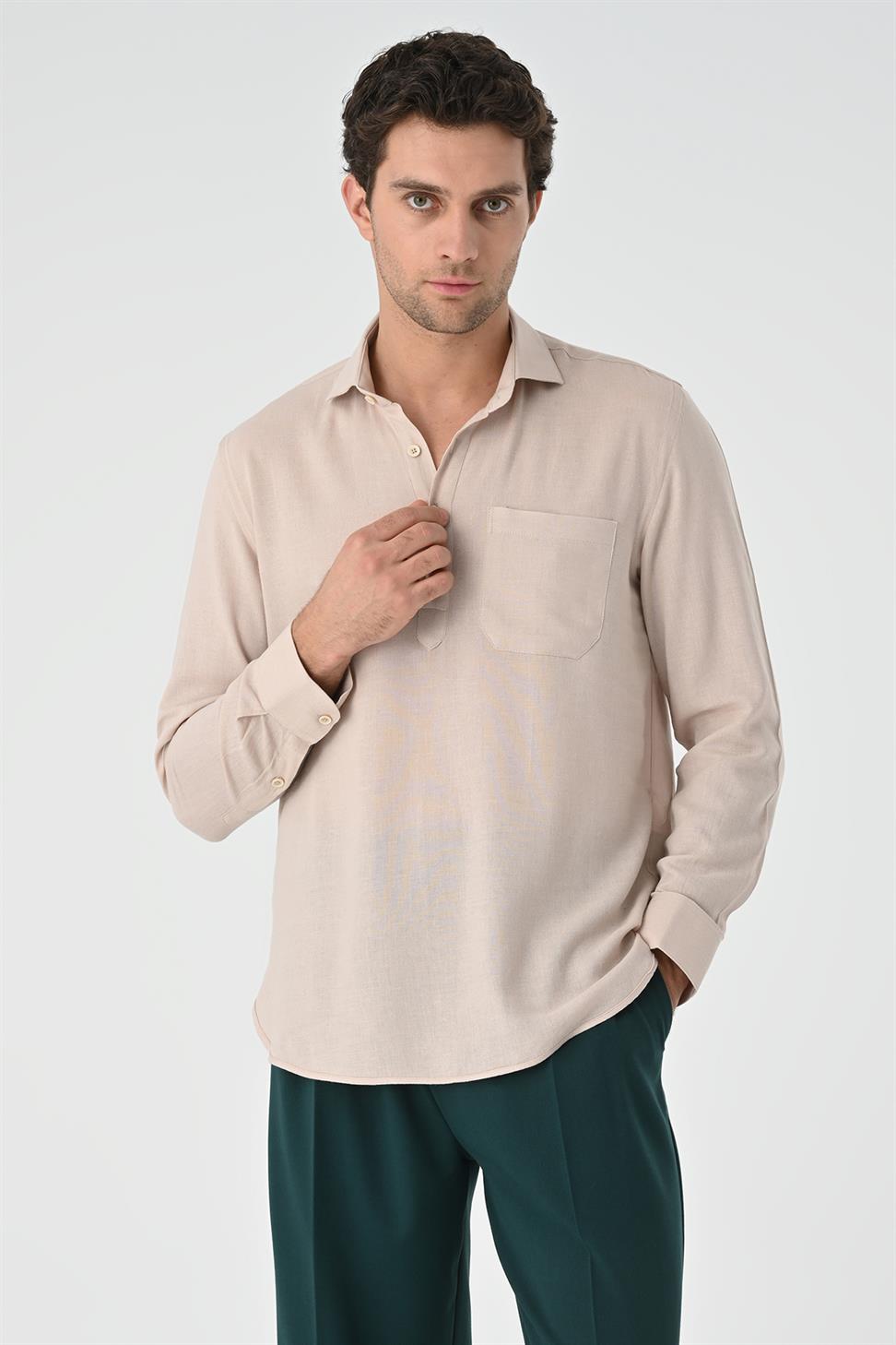 نصف بات زر إغلاق قميص طويل الأكمام للرجال