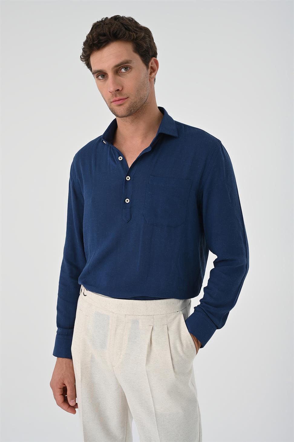 نصف بات زر إغلاق قميص طويل الأكمام للرجال