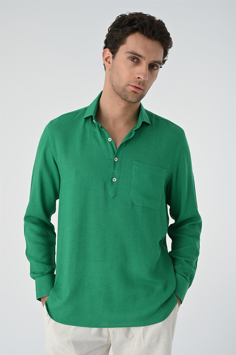نصف بات زر إغلاق قميص طويل الأكمام للرجال