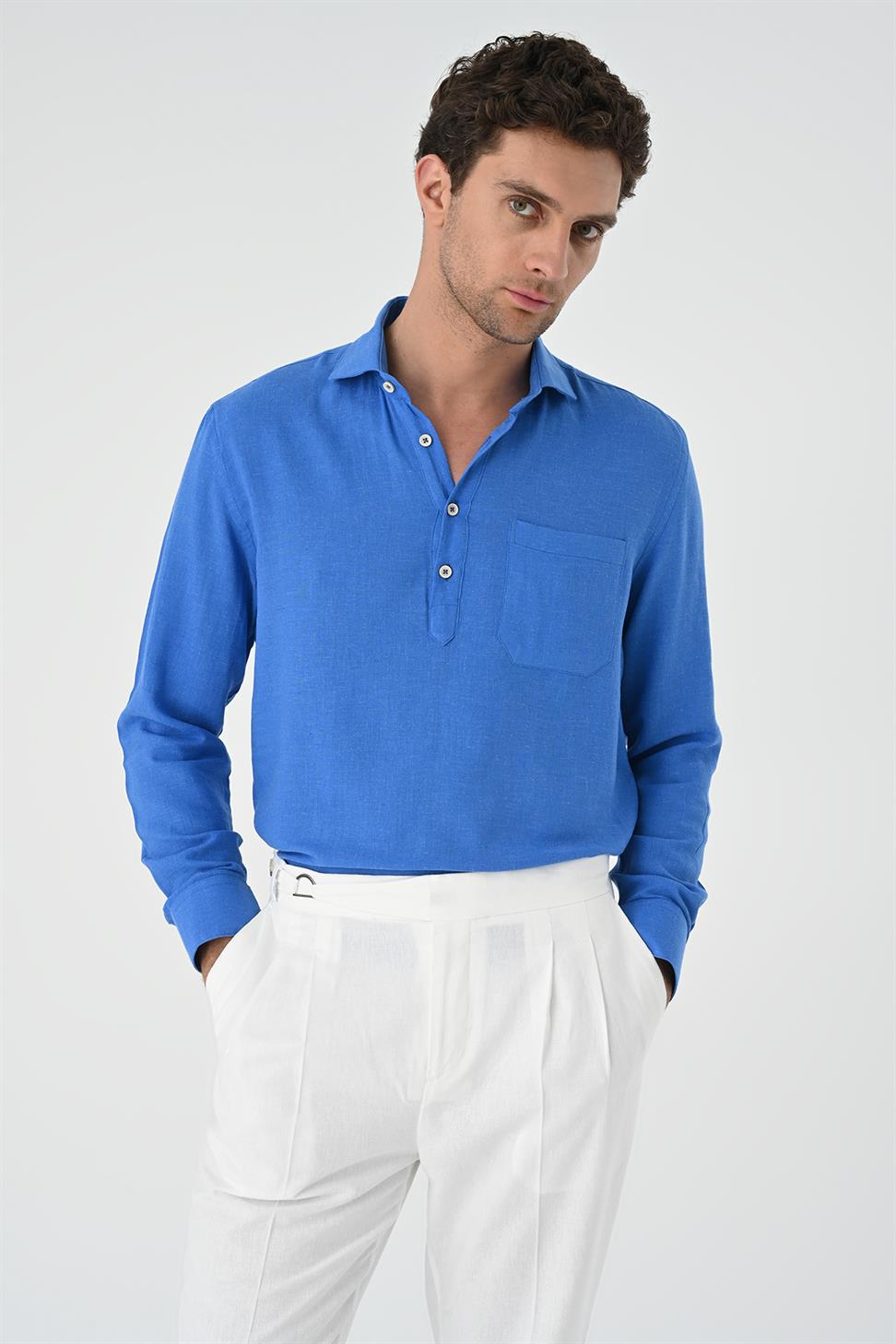 نصف بات زر إغلاق قميص طويل الأكمام للرجال