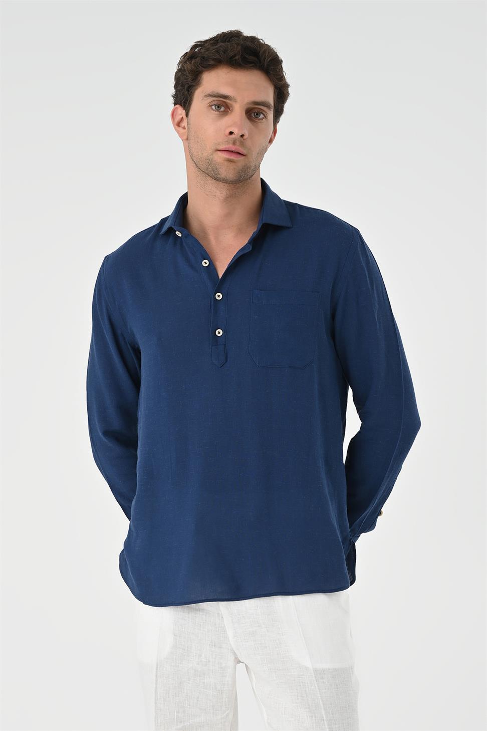 نصف بات زر إغلاق قميص طويل الأكمام للرجال