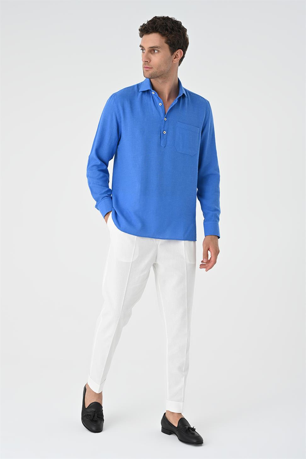 نصف بات زر إغلاق قميص طويل الأكمام للرجال