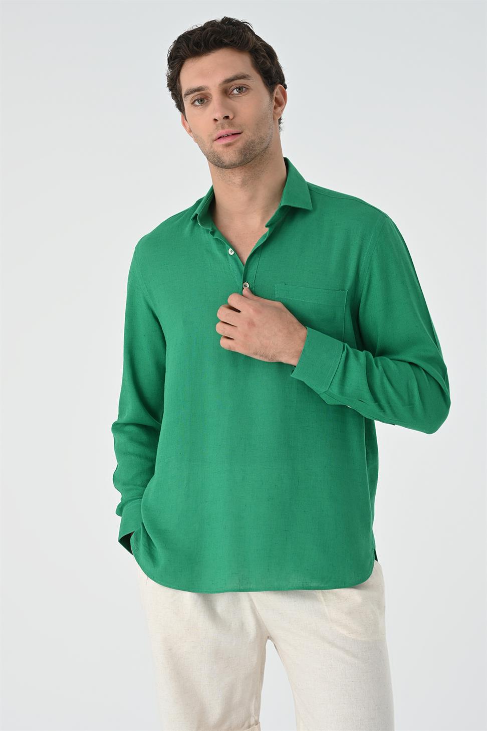 نصف بات زر إغلاق قميص طويل الأكمام للرجال
