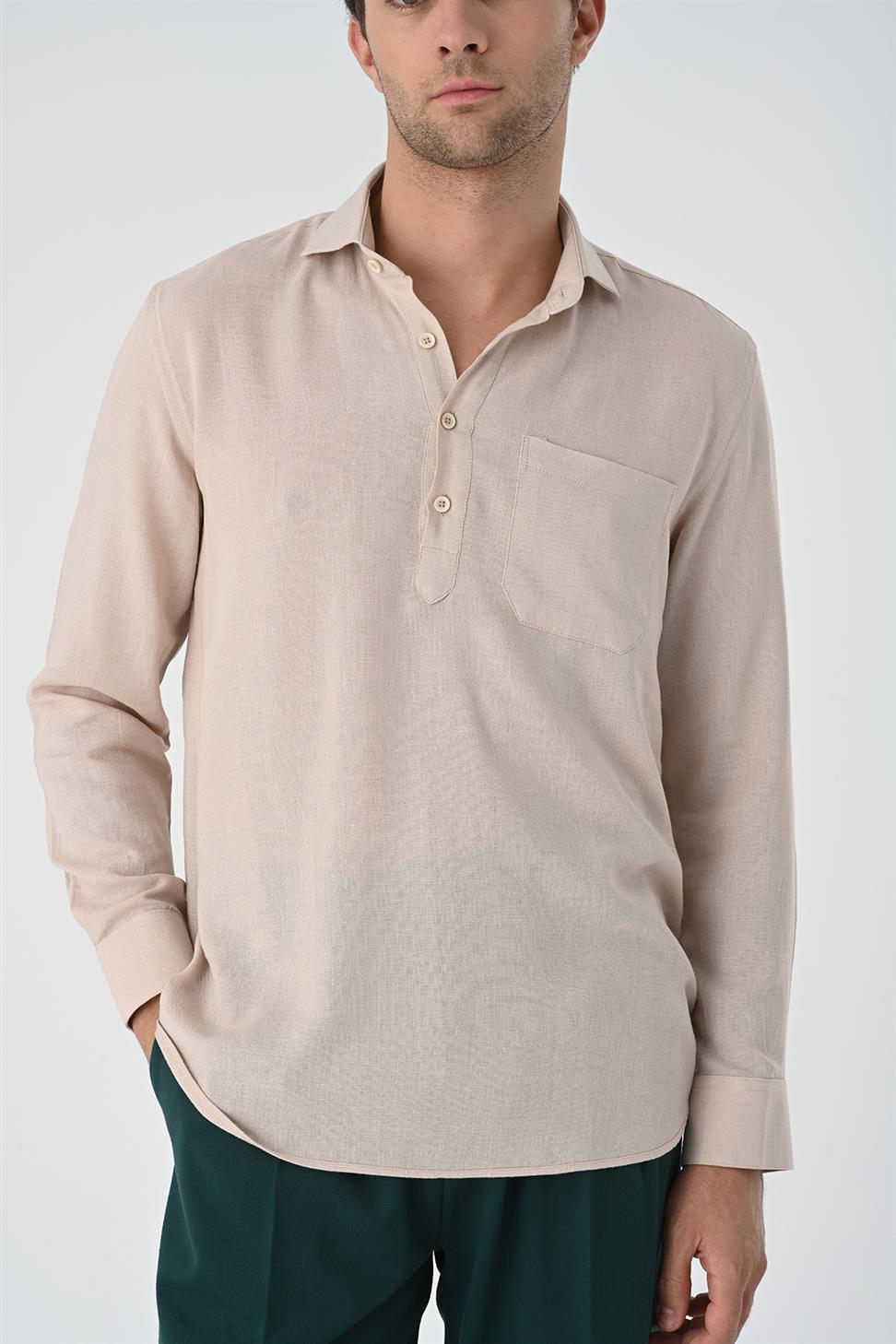 نصف بات زر إغلاق قميص طويل الأكمام للرجال