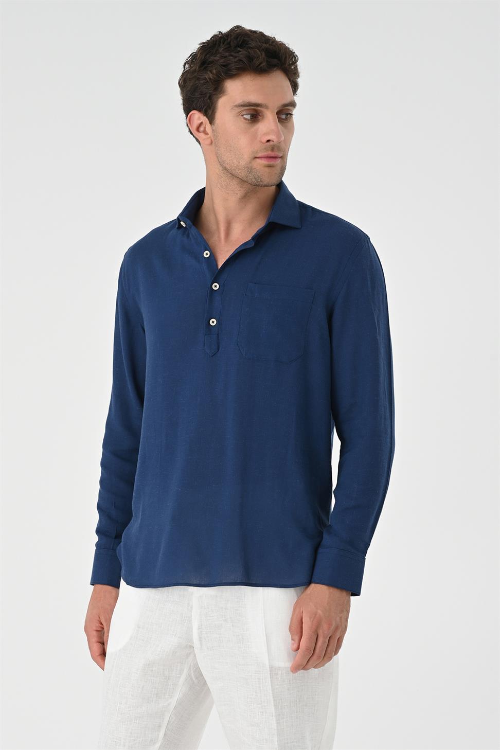 نصف بات زر إغلاق قميص طويل الأكمام للرجال