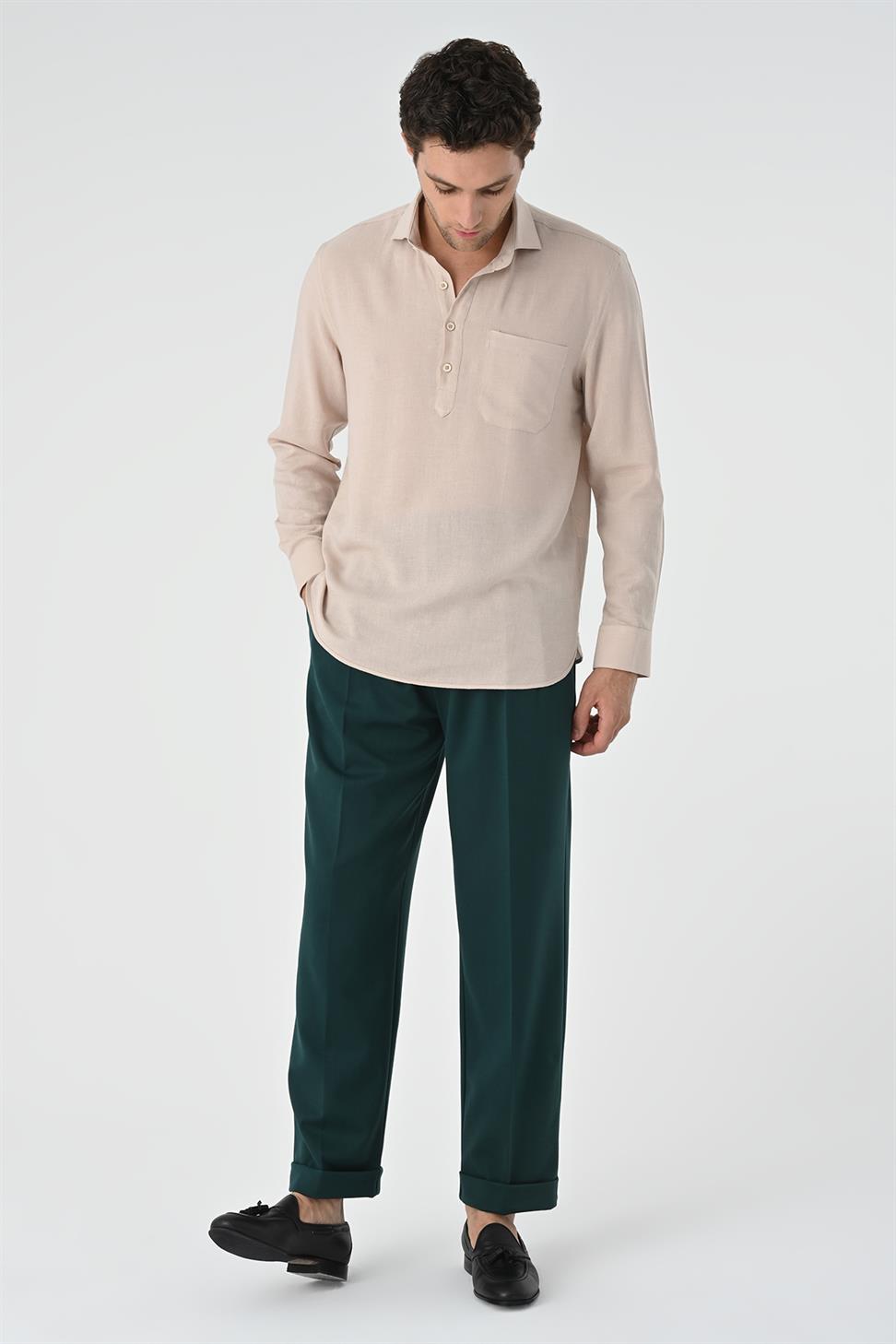 نصف بات زر إغلاق قميص طويل الأكمام للرجال