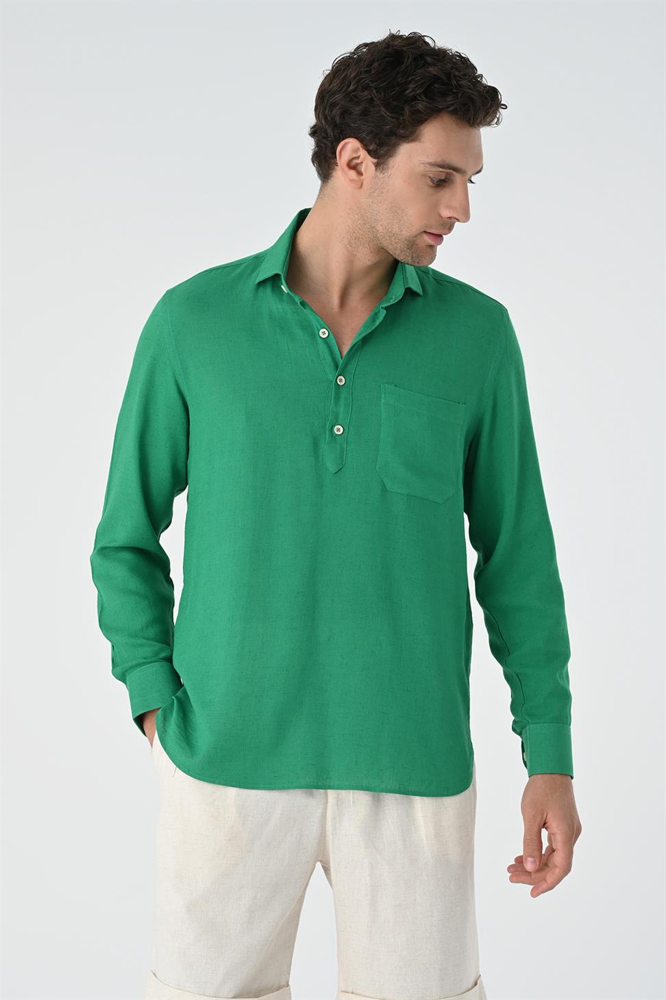 نصف بات زر إغلاق قميص طويل الأكمام للرجال