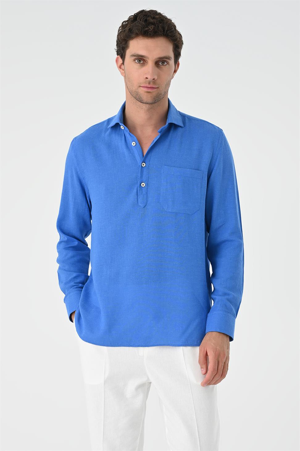 نصف بات زر إغلاق قميص طويل الأكمام للرجال