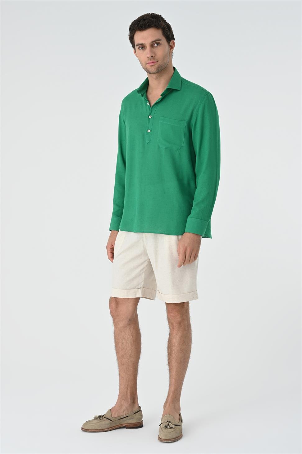 نصف بات زر إغلاق قميص طويل الأكمام للرجال