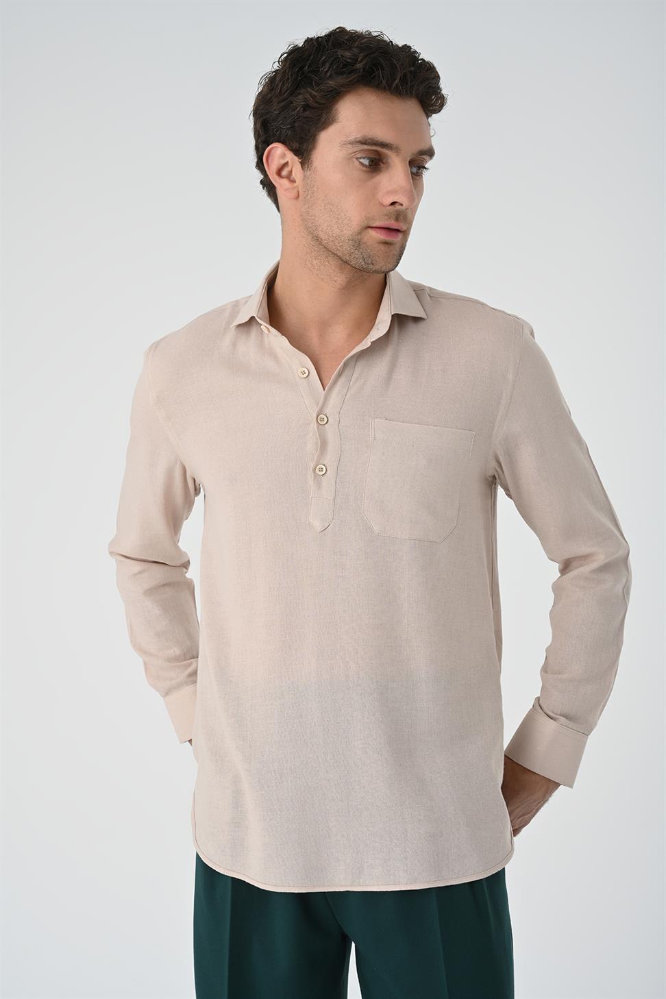 نصف بات زر إغلاق قميص طويل الأكمام للرجال