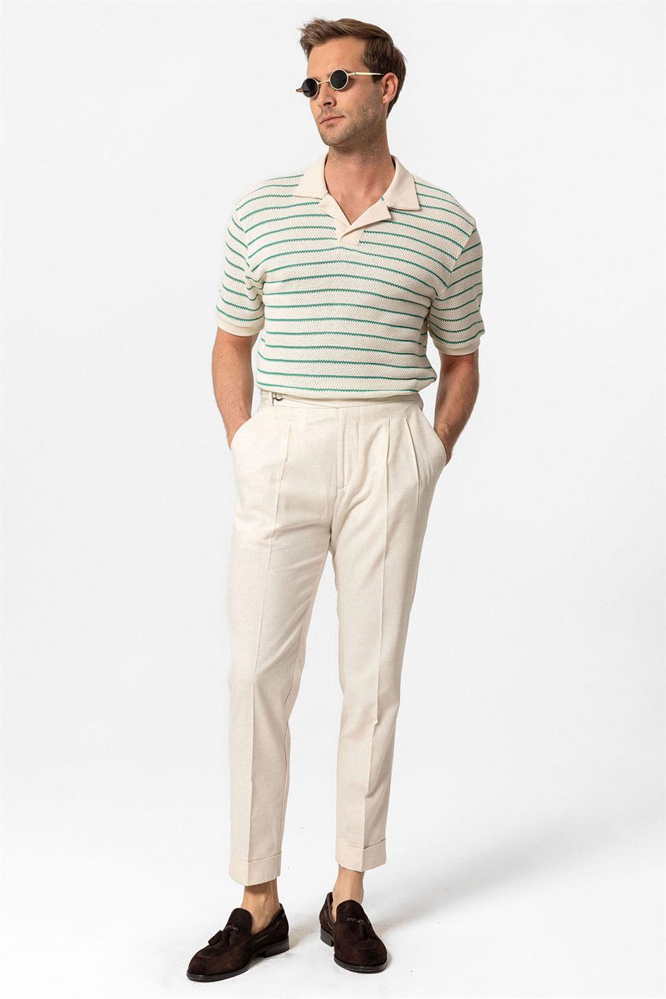 Antioch Yeşil Apaş Yaka Çizgili Örme Erkek T-Shirt