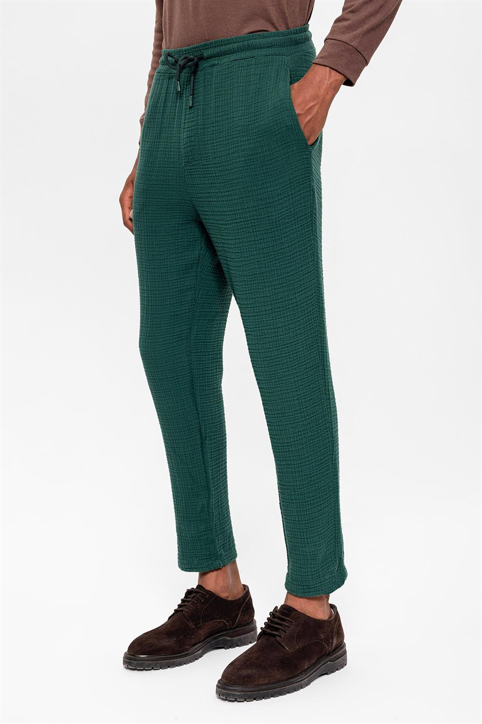 Antioch Yeşil Beli İpli Yüksek Bel Müslin Kumaş Erkek Pantolon