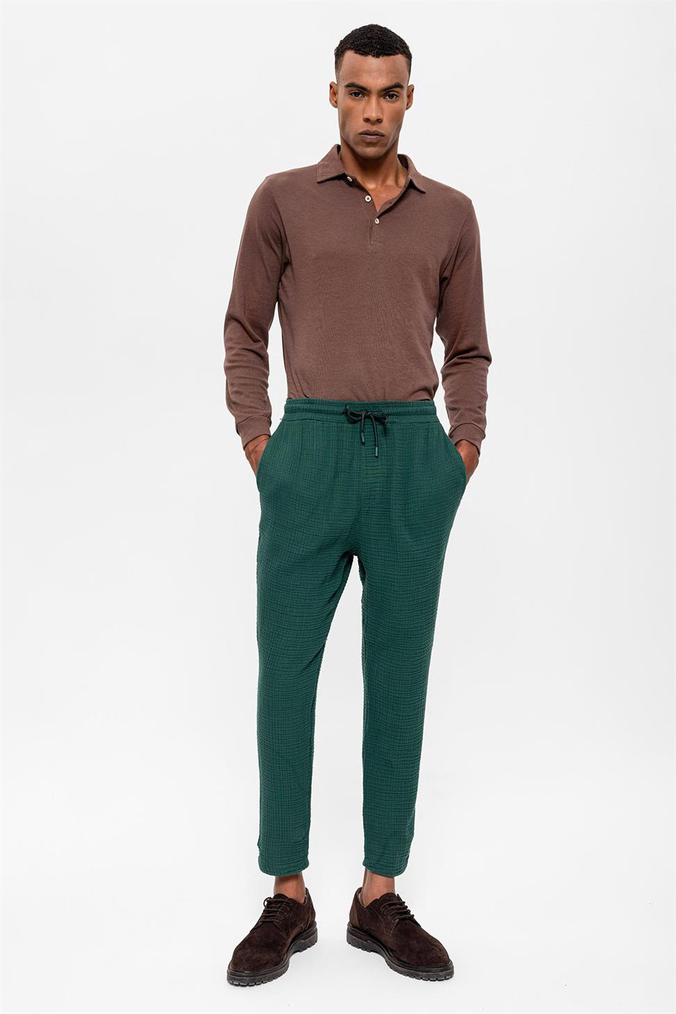 Antioch Yeşil Beli İpli Yüksek Bel Müslin Kumaş Erkek Pantolon