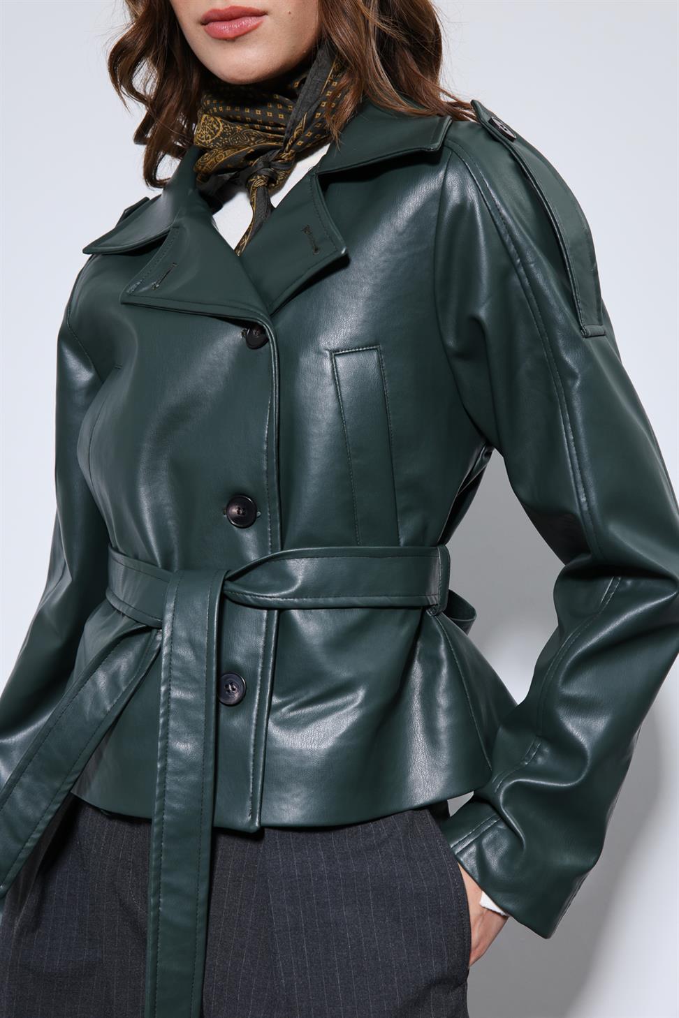 Antioch Yeşil Kemerli Suni Deri Mont