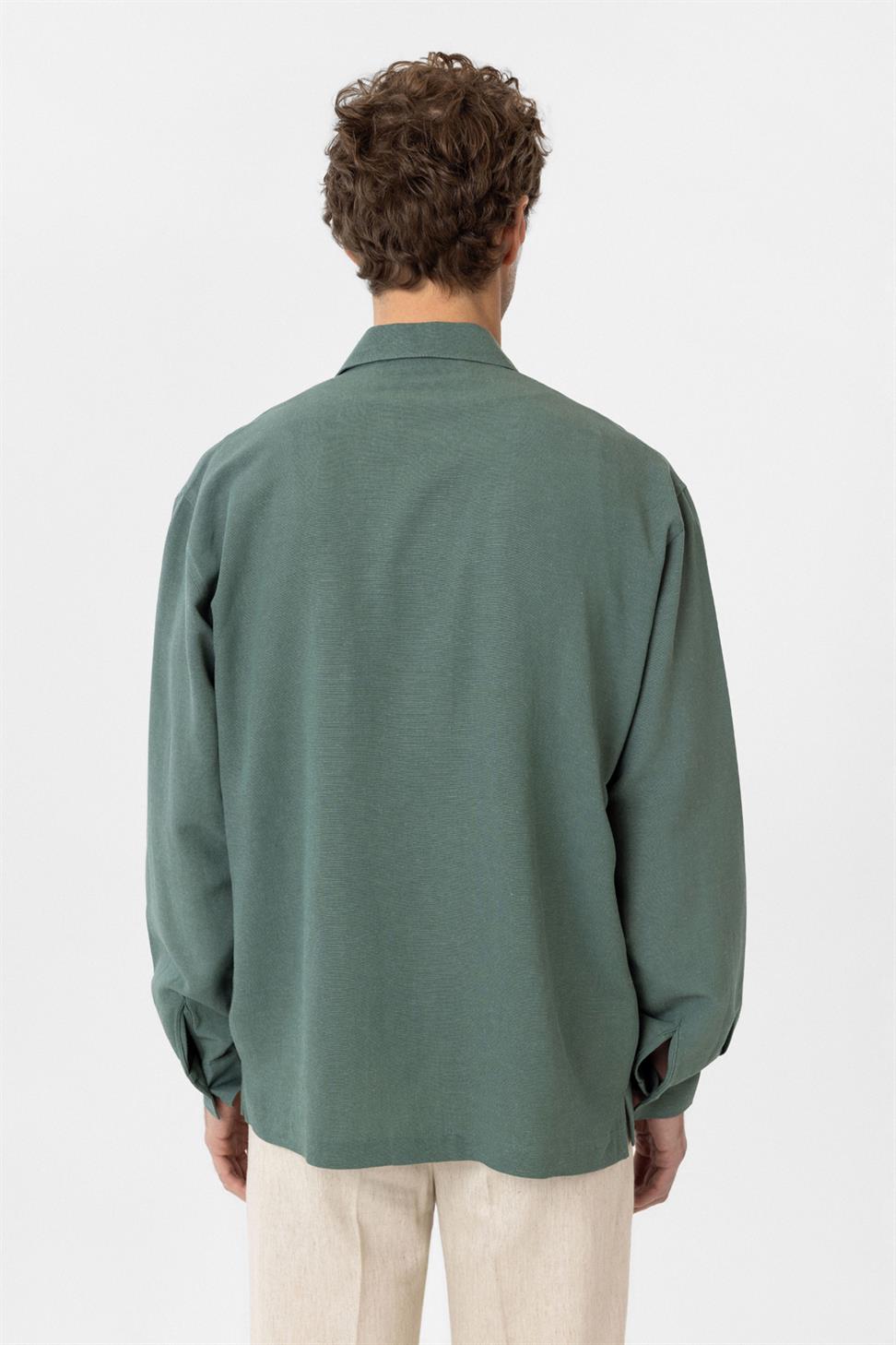 Antioch Yeşil Keten Karışımlı Relaxed Erkek Gömlek