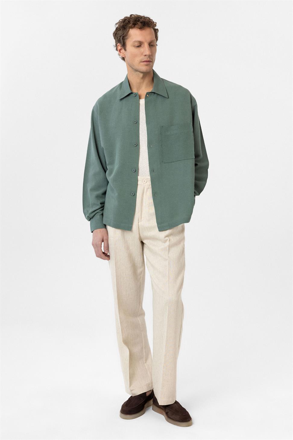 Antioch Yeşil Keten Karışımlı Relaxed Erkek Gömlek