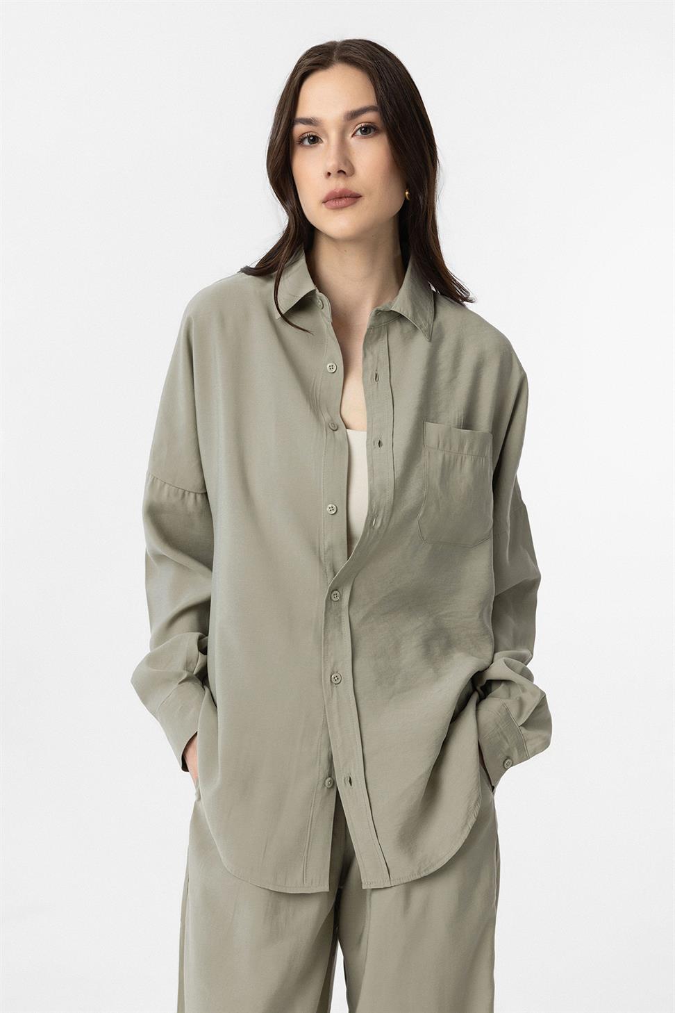 Antioch Yeşil Modal Kadın Gömlek Pantolon Takım