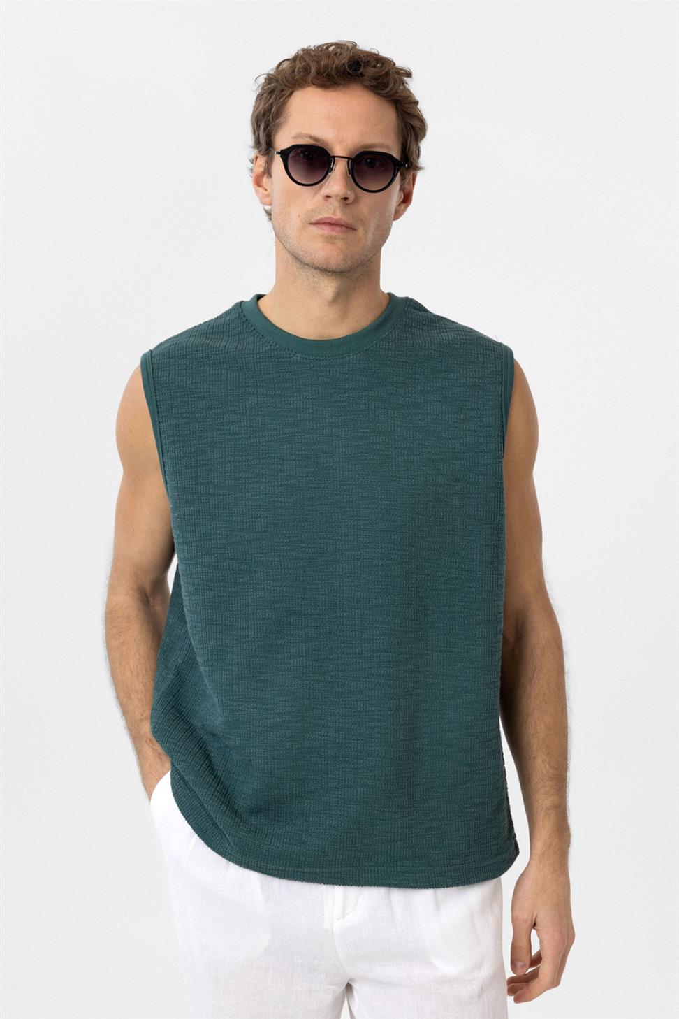 Antioch Yeşil Regular Fit Dokulu Erkek Kolsuz T-Shirt