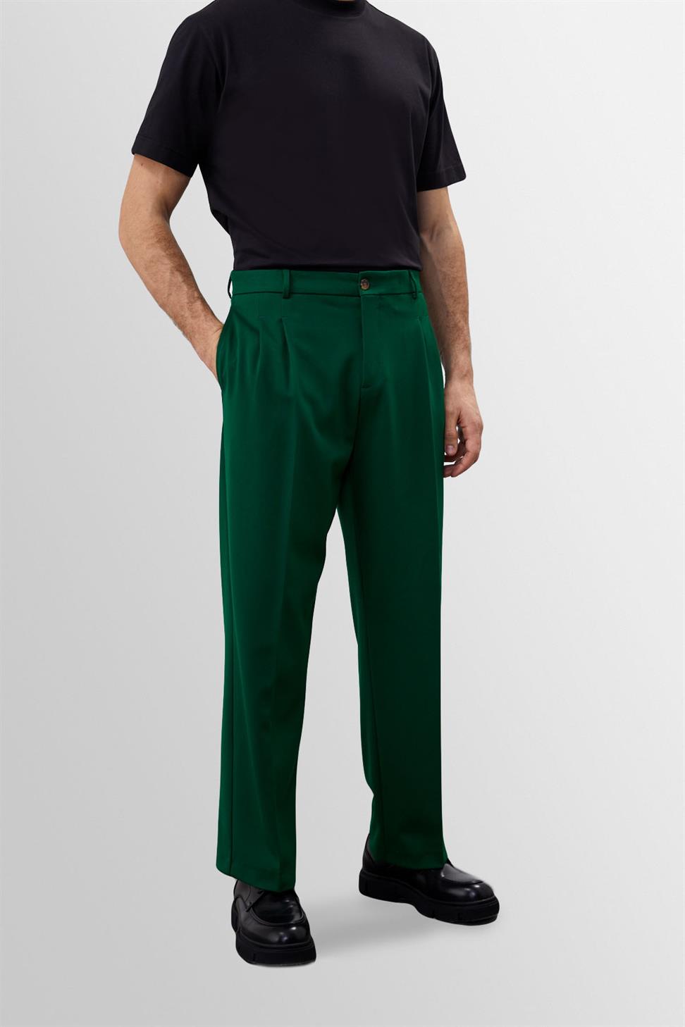 Antioch Yeşil Yüksek Bel Pileli Rahat Kalıp Erkek Pantolon