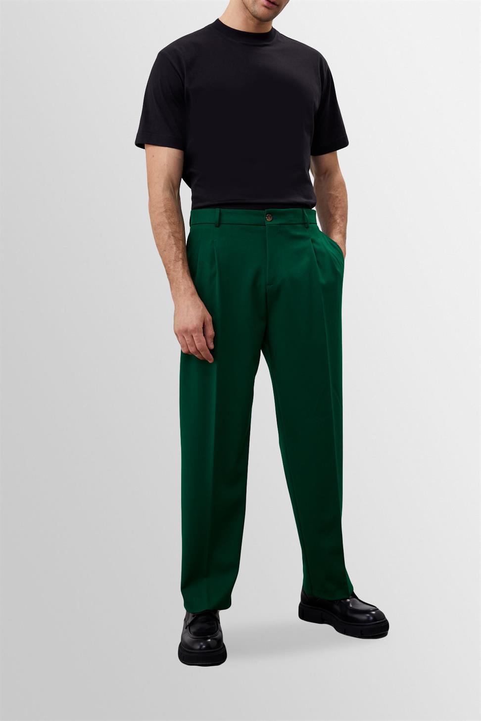 Antioch Yeşil Yüksek Bel Pileli Rahat Kalıp Erkek Pantolon