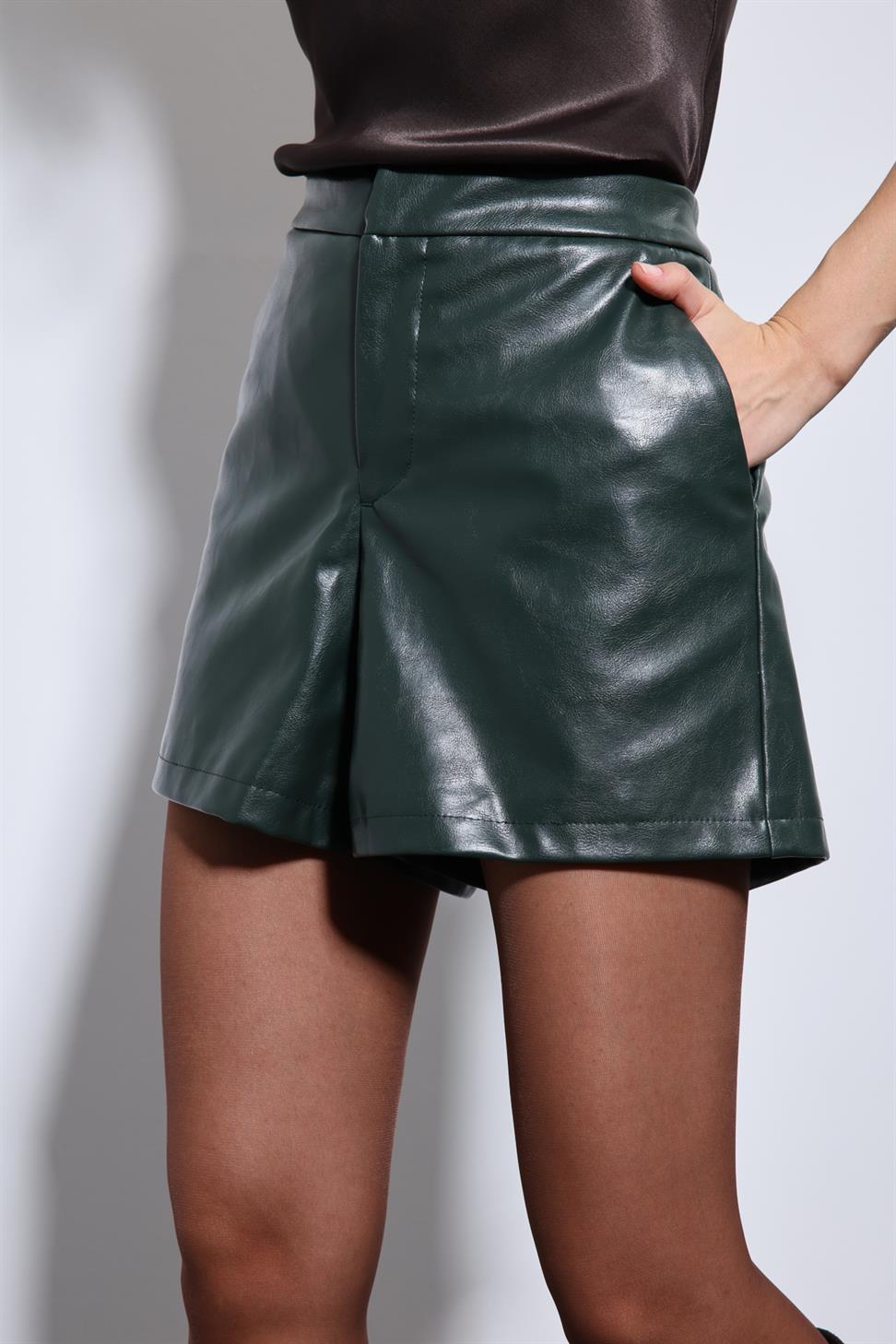 Antioch Yeşil Yüksek Bel Suni Deri Şort