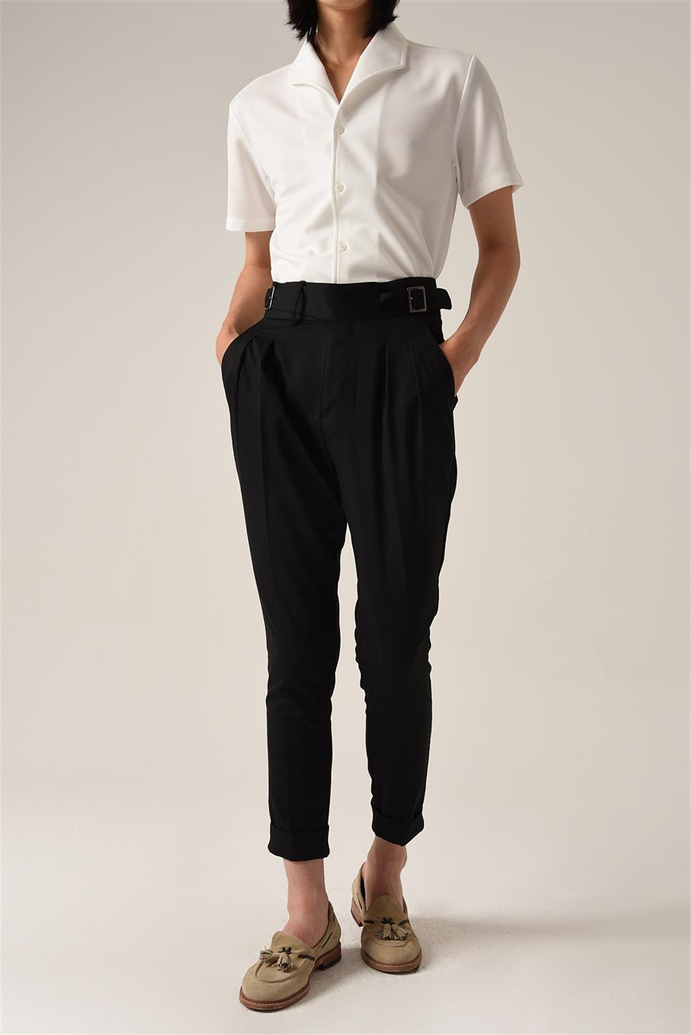 بنطلون قماشي عالي الخصر (صديقها) بإبزيم مزدوج وحزام من القماش