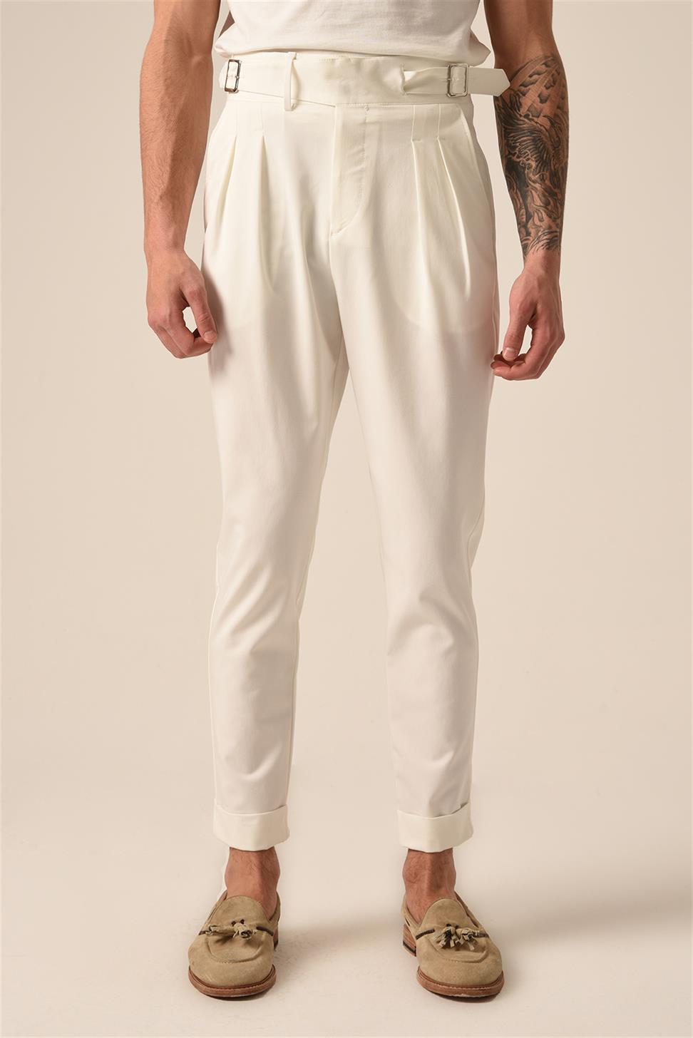 Antioch Beyaz Yüksek Bel (Boyfriend) Çift Toka Kemerli Pileli Kumaş Pantolon