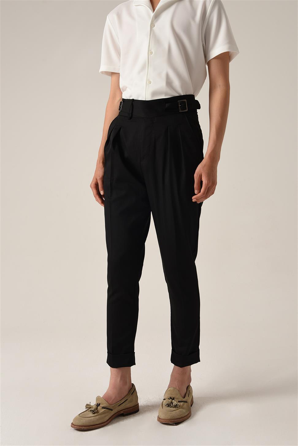 بنطلون قماشي عالي الخصر (صديقها) بإبزيم مزدوج وحزام من القماش