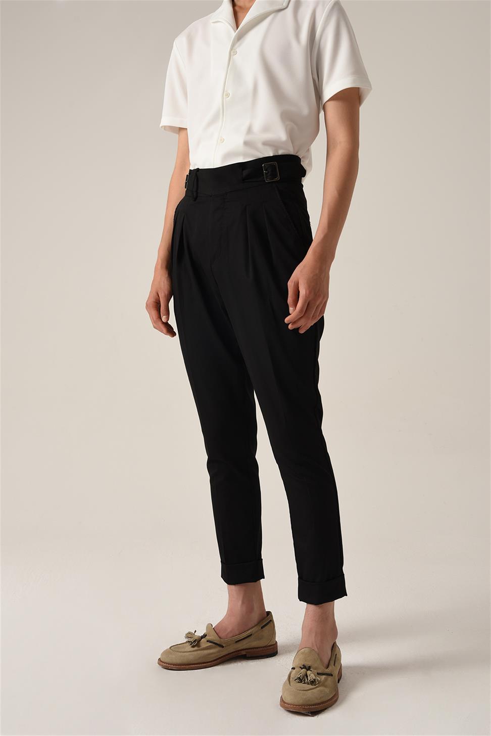 بنطلون قماشي عالي الخصر (صديقها) بإبزيم مزدوج وحزام من القماش