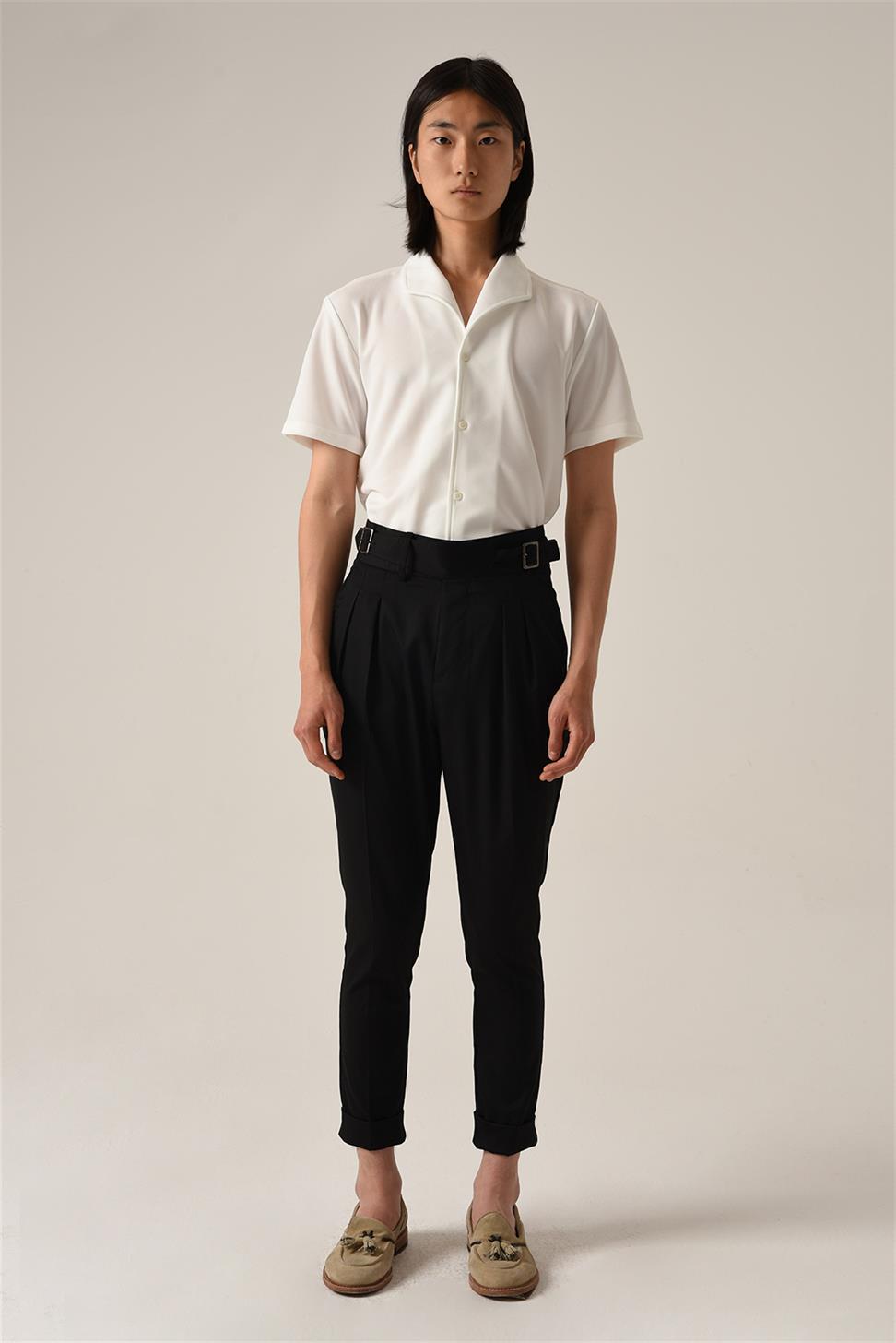 بنطلون قماشي عالي الخصر (صديقها) بإبزيم مزدوج وحزام من القماش