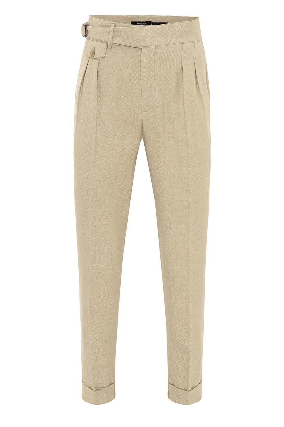 بنطلون قماش عالي الخصر (صديقها) مطوي مع حزام بإبزيم