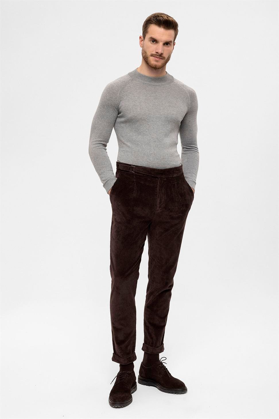 بنطلون رجالي مخملي عالي الخصر مزدوج الساق