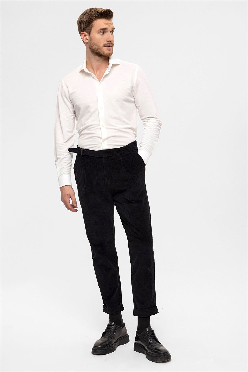 بنطلون رجالي مخملي عالي الخصر مزدوج الساق