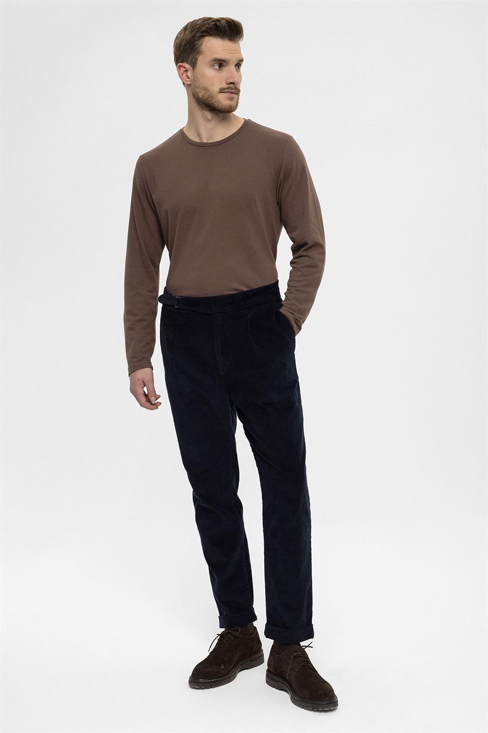 بنطلون رجالي مخملي عالي الخصر مزدوج الساق