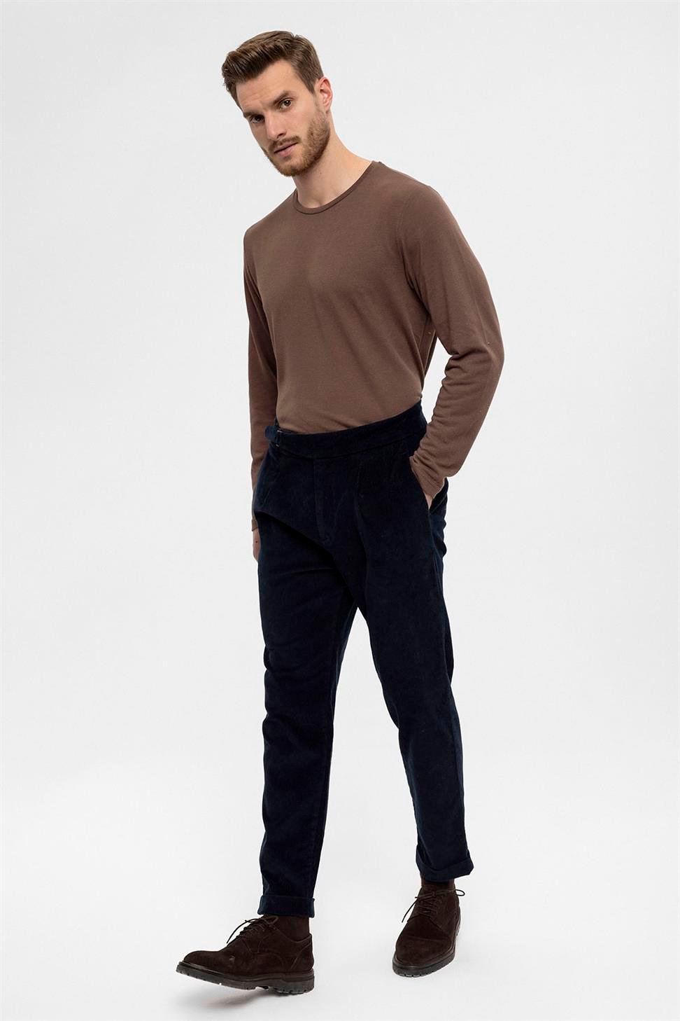 بنطلون رجالي مخملي عالي الخصر مزدوج الساق