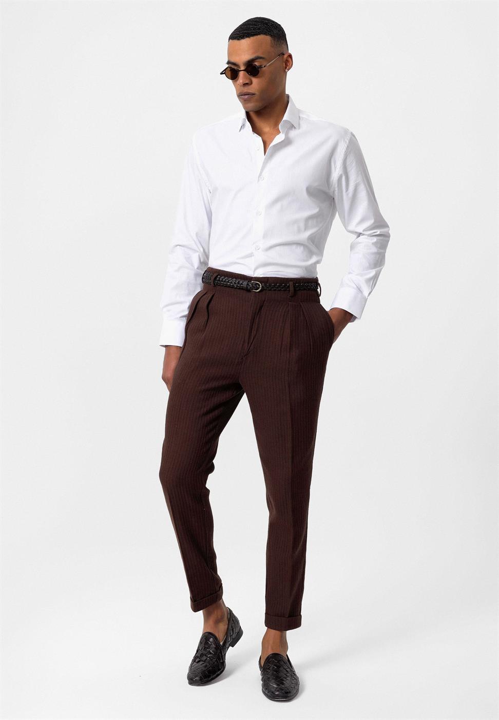 ارتفاع الخصر مربوط بنطلون مطوي للرجال