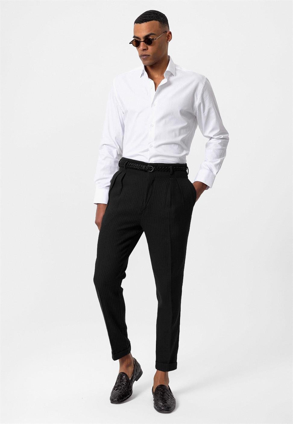 ارتفاع الخصر مربوط بنطلون مطوي للرجال